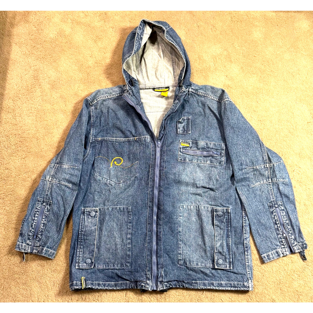 Vintage Rocawear Jean Jacket Hoodie Mens XL Embroidery Zip Sleeves Pockets EUC